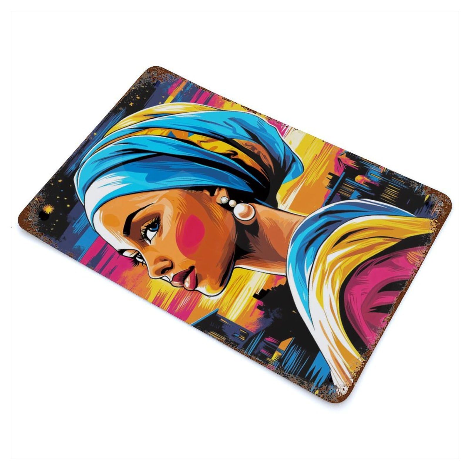 Pop Art Vision of Girl with A Pearl Earring Retro Metal Sign 11.8"x7.9", for Garage, Bar And Workshop Decor, Shabby Chic Decor
