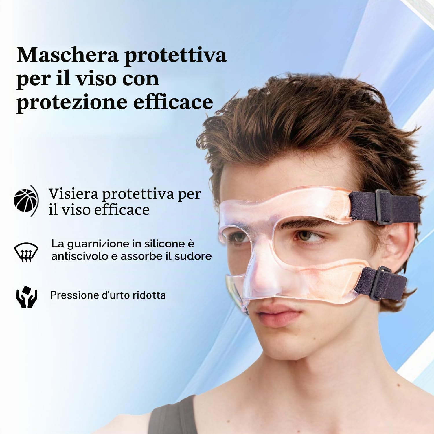 Protezione viso sportiva, protezione naso per naso rotto, pallacanestro, calcio, softball, allenamento, maschera con imbottitura in schiuma, per uomini e donne, apertura trasparente