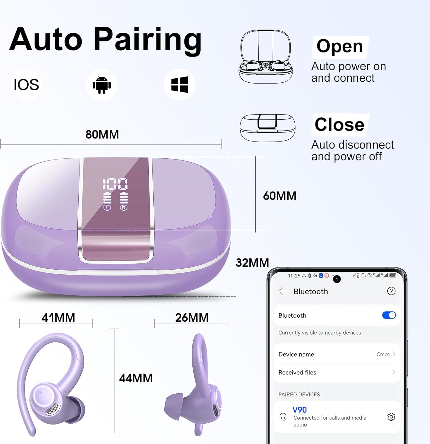 Wireless Earbuds Bluetooth 5.3 Headphones Sports, 48H Over Ear Buds with ENC Mic, Stereo Deep Bass Bluetooth Earbuds with Secure Earhooks, LED Display, IPX7 Waterproof Earphone for Running/Gym Purple