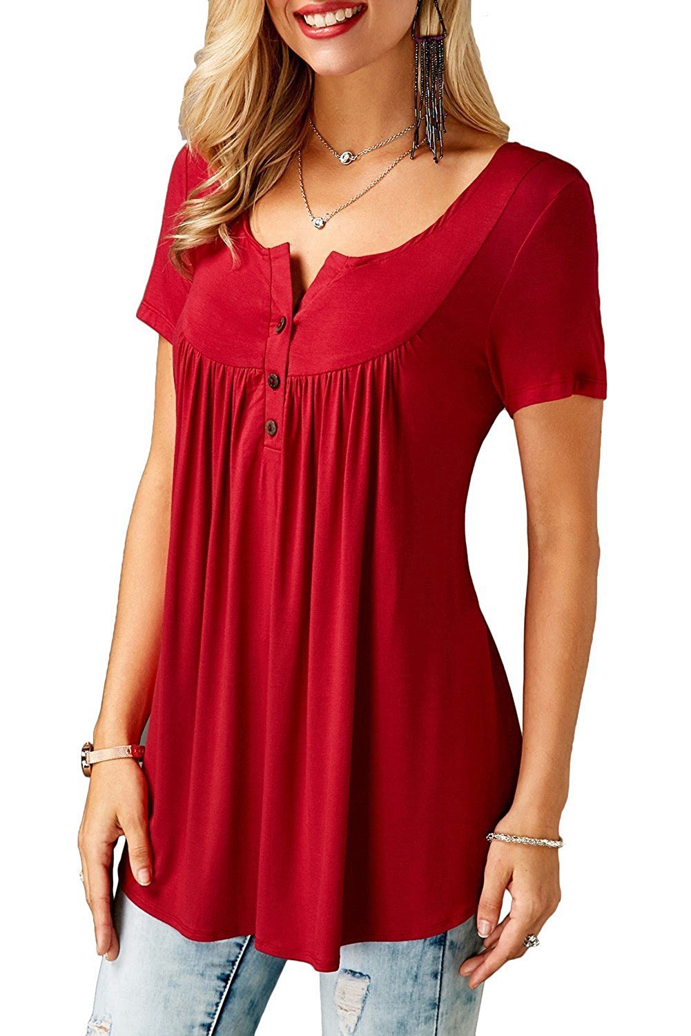 Bequemer Laden Femmes Bouton Tunique Longue Col V Manche Courtes Chemises | Mode Joli T-shirt Dames Printemps Ete Tunique Longue Grande Taille Blouse Femme Chic et Elégant Haut Top Plage Uni Fleuri