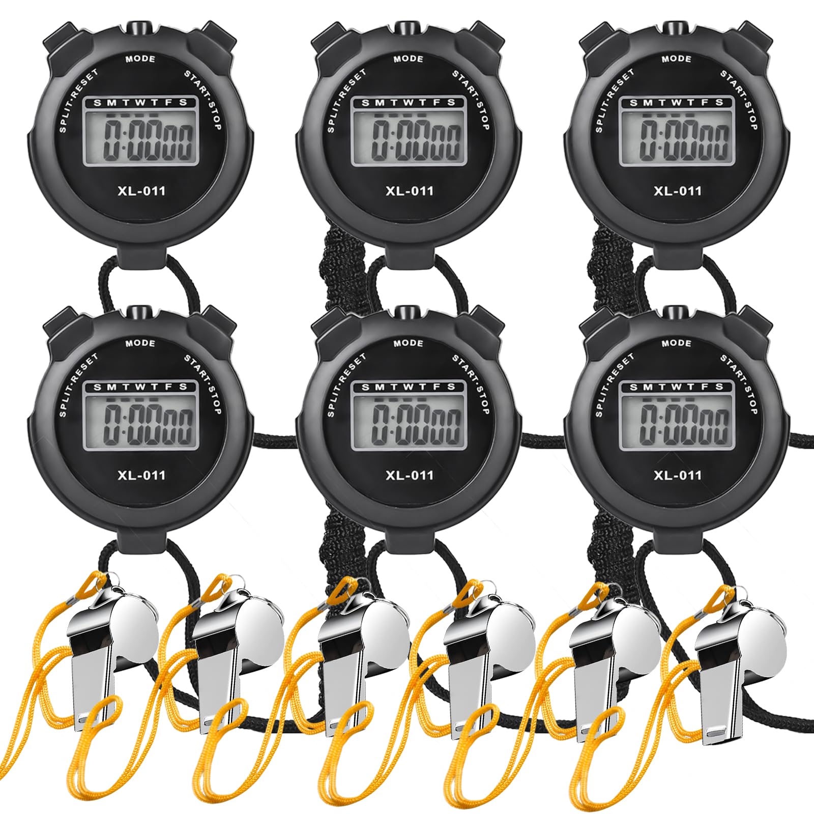 Lot de 6 chronomètres numériques de sport Étanche Réveil Calendrier Sifflets inclus Noir