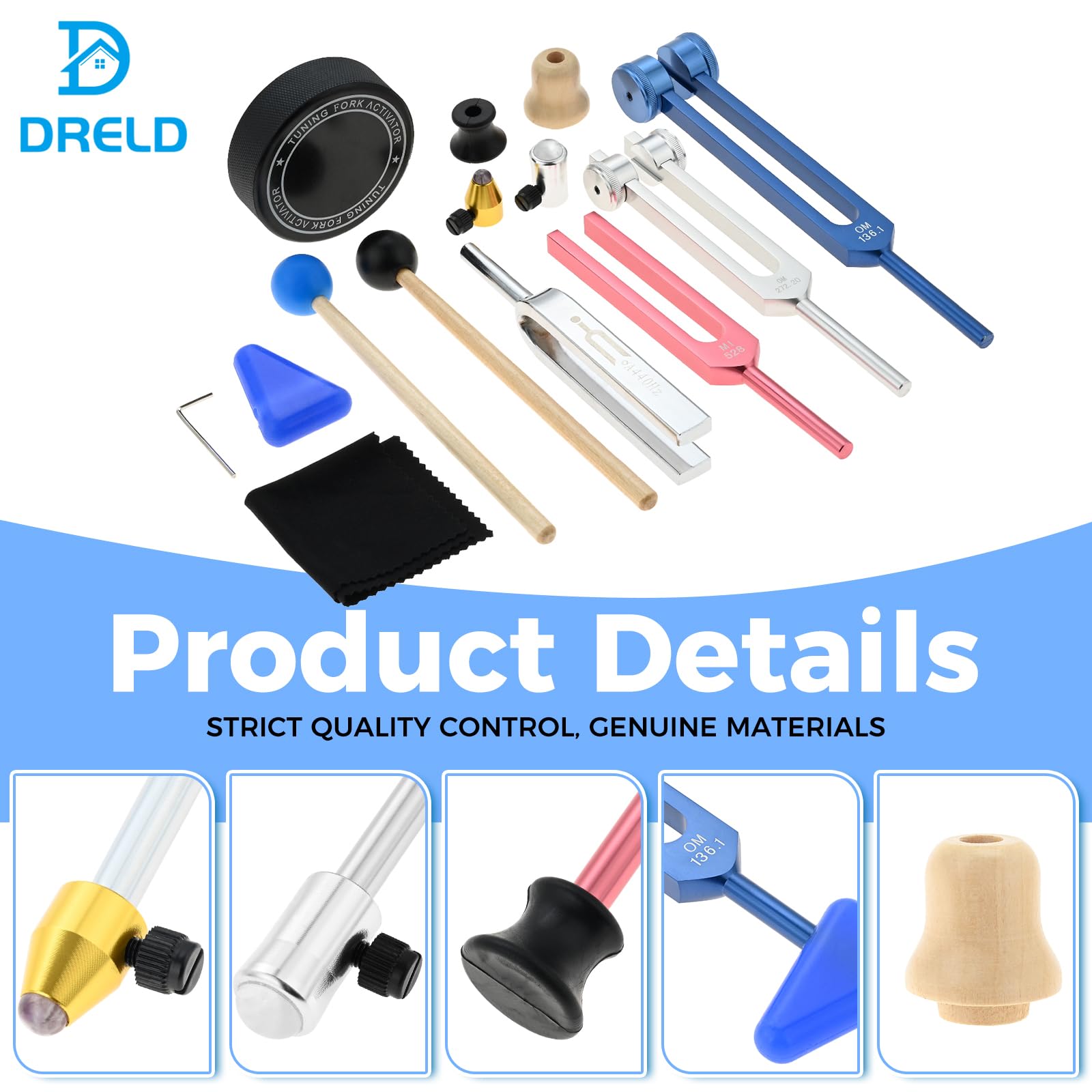 DRELD Kit de tenedores de afinación A440hz MI528 0M272.2 OM136.1, instrumento de curación colorido para terapia de sonido de chakras con martillo, bolsa de almacenamiento, activador de horquilla de