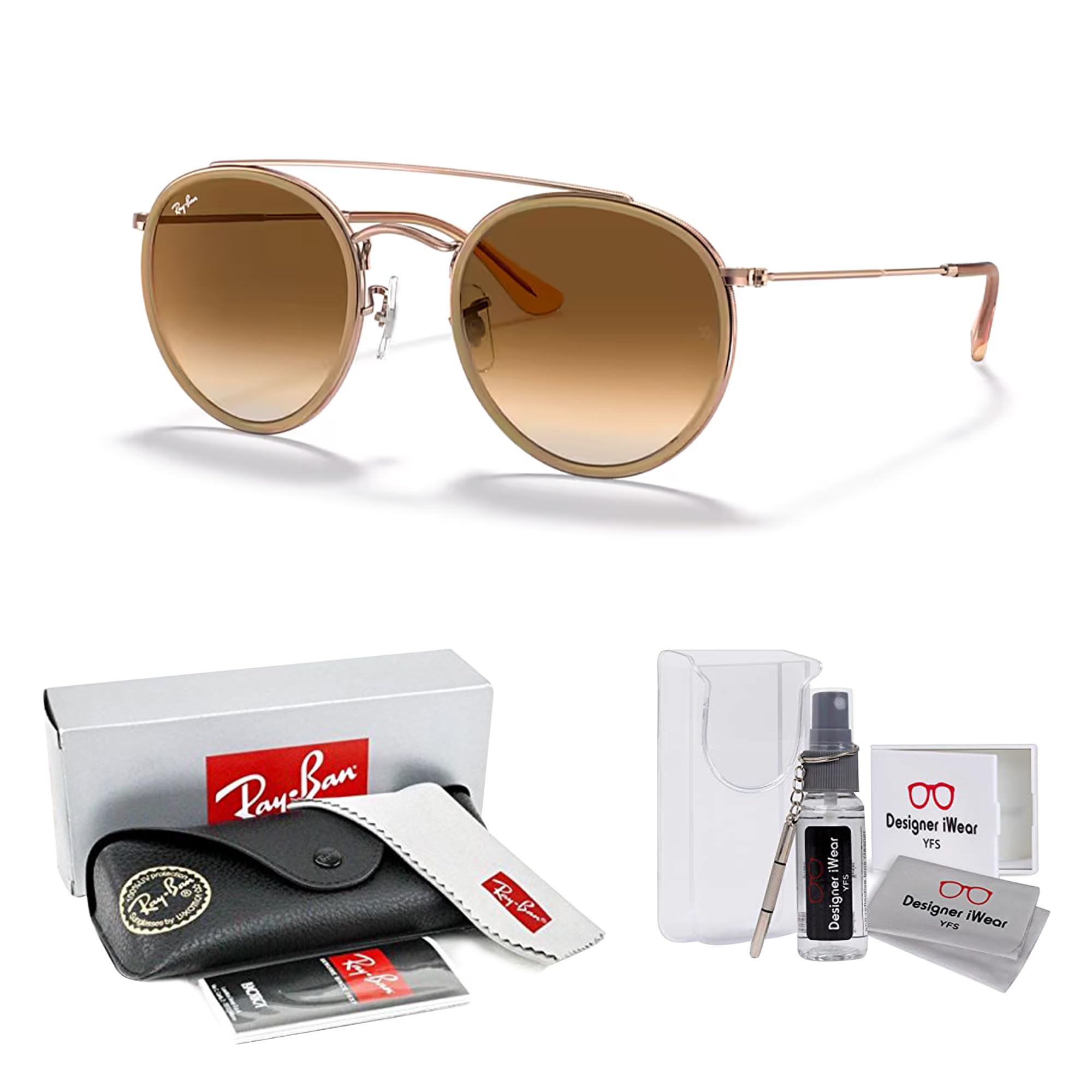 Ray-Ban RB3647N Double Bridge 907051 51MM Copper/Crystal Lens Clear Brown Gradient Round Sunglasses For Men For Women + BUNDLE with Designer iWear Eyewear Kit