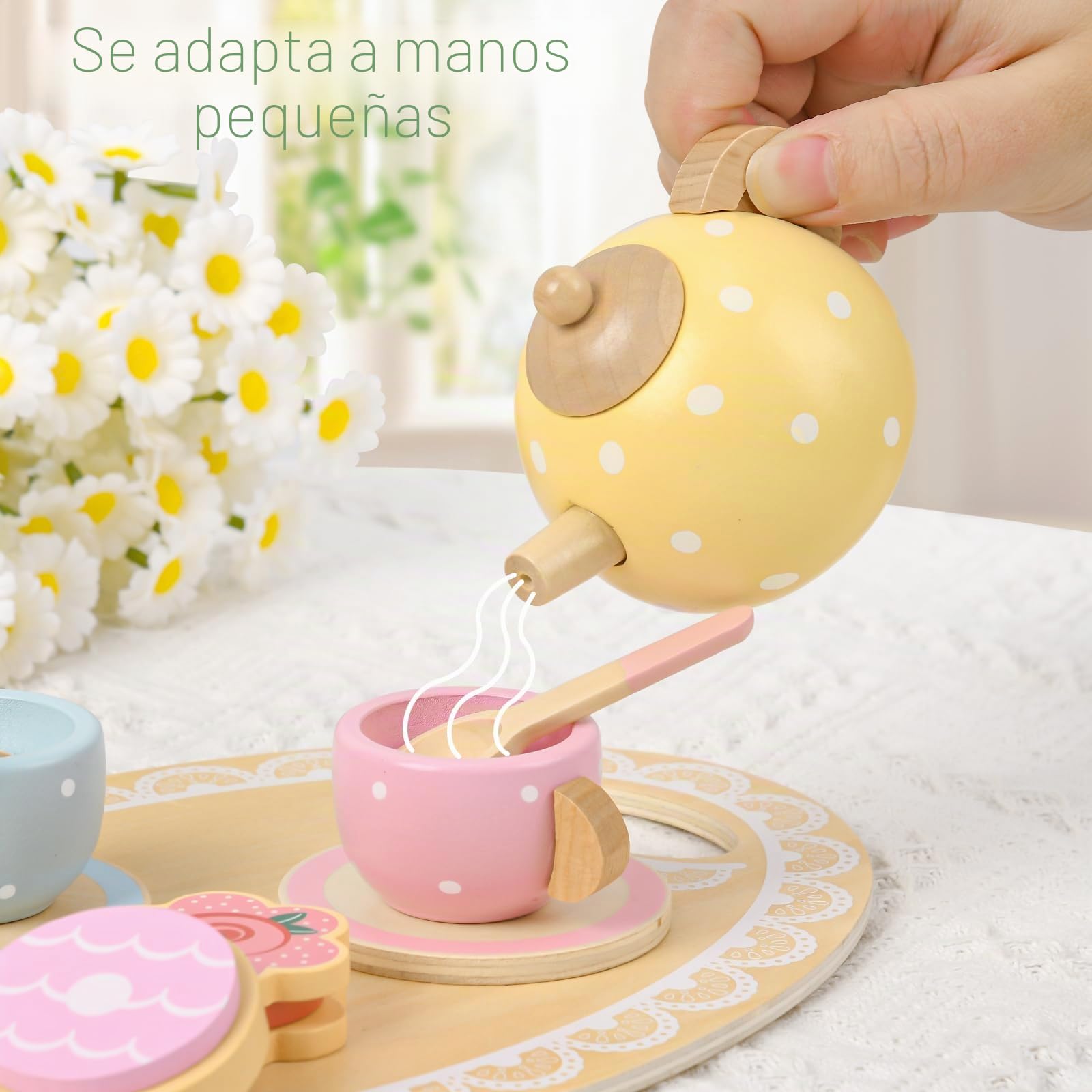 Vajilla de té de Madera para bebé, niño, Juego de Fiesta de té, Expositor para Cupcakes, Tetera, Tazas de té, dinette Infantil, Cocina de Madera, Juegos de rol, Juguete Educativo, Regalo de