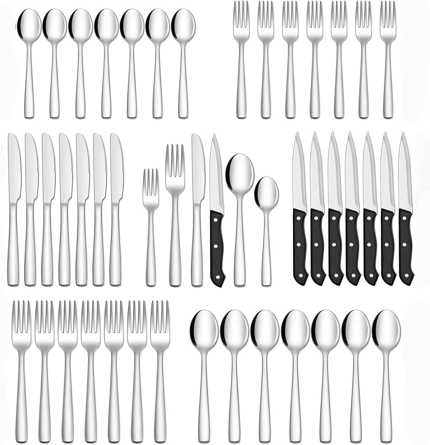 U-HOOME Silverware Set with Steak Knives, Food-Grade Stainless Steel Flatware Set, Includes Spoons Forks Knives, Kitchen Tableware Cutlery Set For Restaurant Hotel, Dishwasher Safe (48 PCS, Sliver)