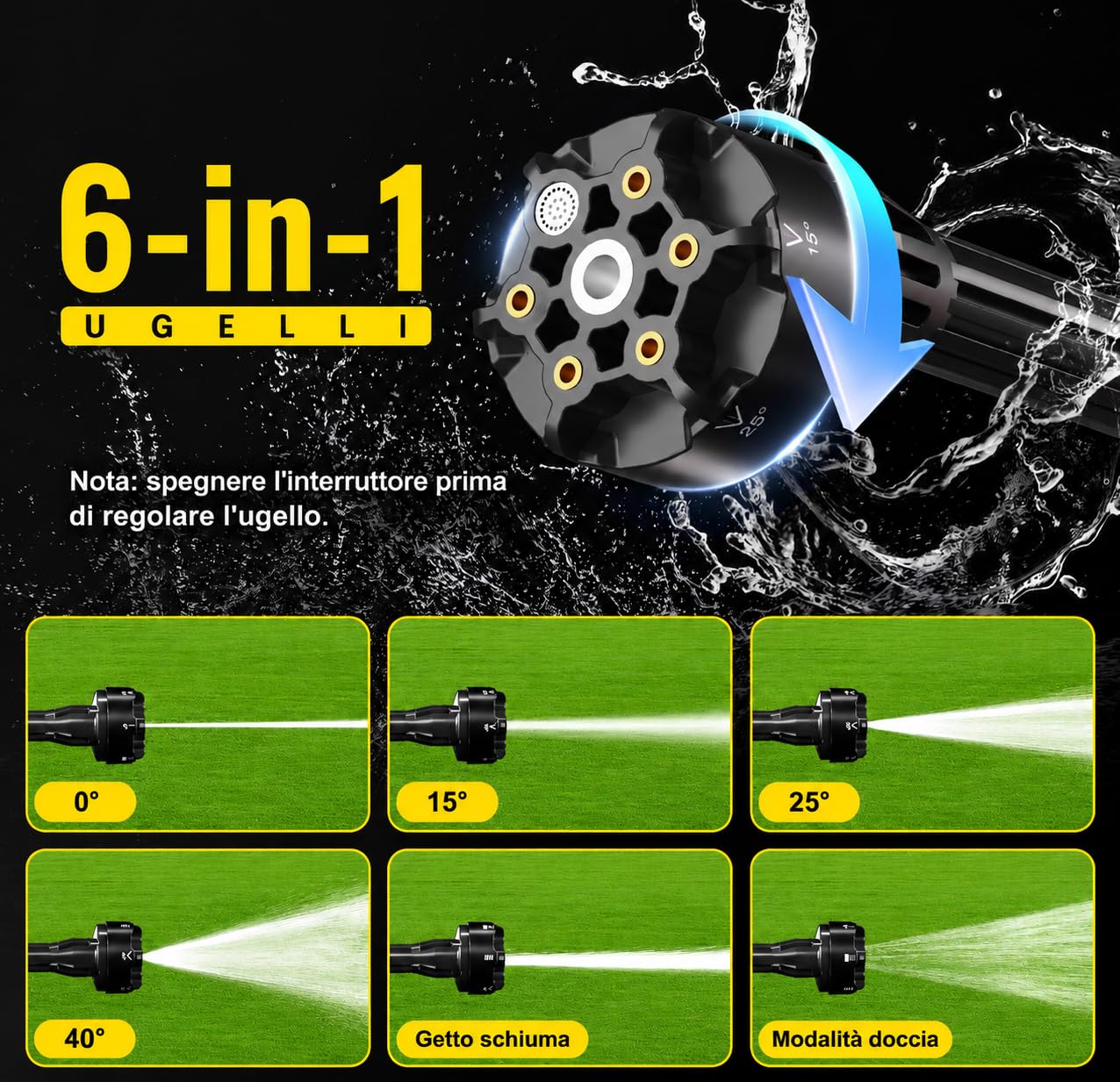 Idropulitrice senza fili, 17 pezzi, 8000 mAh, pressione massima 68 bar, con ugello 6 in 1 e ugello girevole a 180°, idropulitrice portatile per auto, biciclette, terrazze e giardini | Motore brushless, ugello rotante 180°/360°, ugello 6-in-1, attacco per