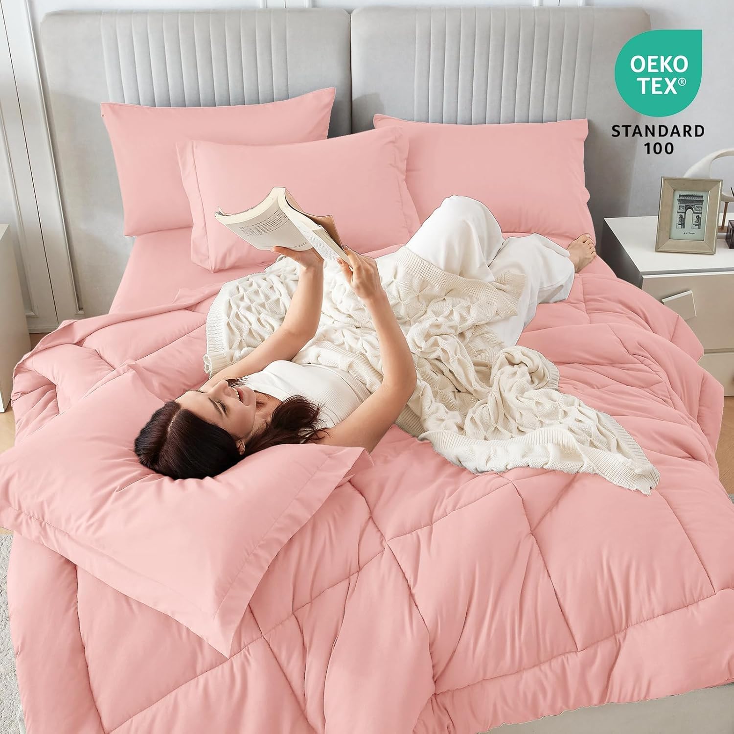 Sasttie Twin XL Comforter Set, 5 Pieces Twin XL Bed in a Bag, Complete Bedding Set Includes Comforter, Flat Sheet, Fitted Sheet, Pillowcase and Pillow Sham, Pink