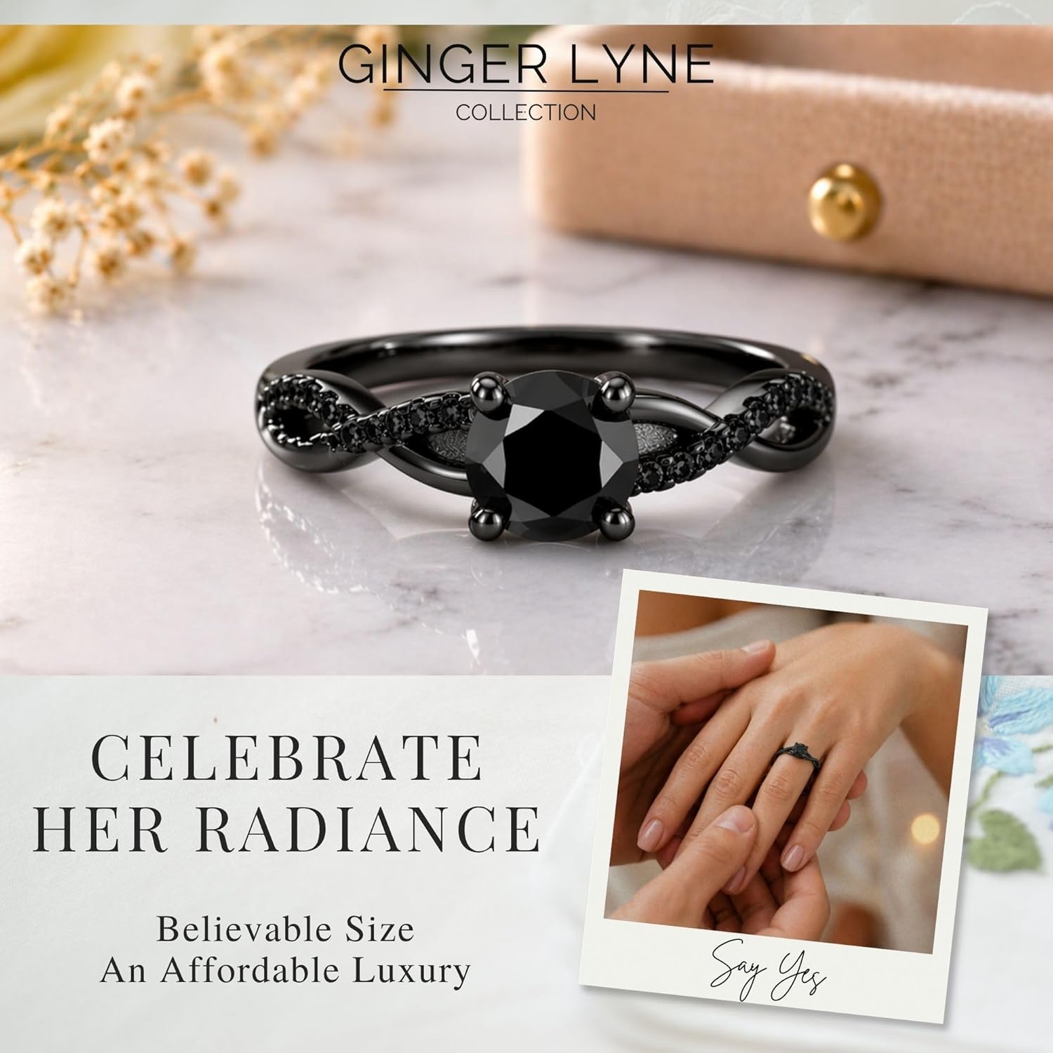 Queena Engagement Ring for Women by Ginger Lyne | 925 Sterling Silver Black Cubic Zirconia Solitaire Ring | Elegant Black Promise Ring or Travel Decoy Ring for Proposals & Special Occasions