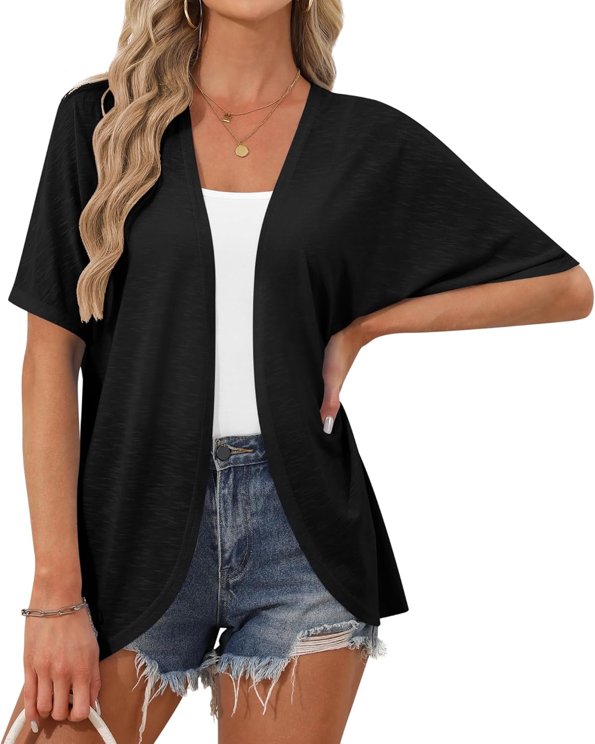 Womens Kimono Cardigans Open Front Short Sleeve Lightweight Beach Cover Up Casual Summer S-2XL