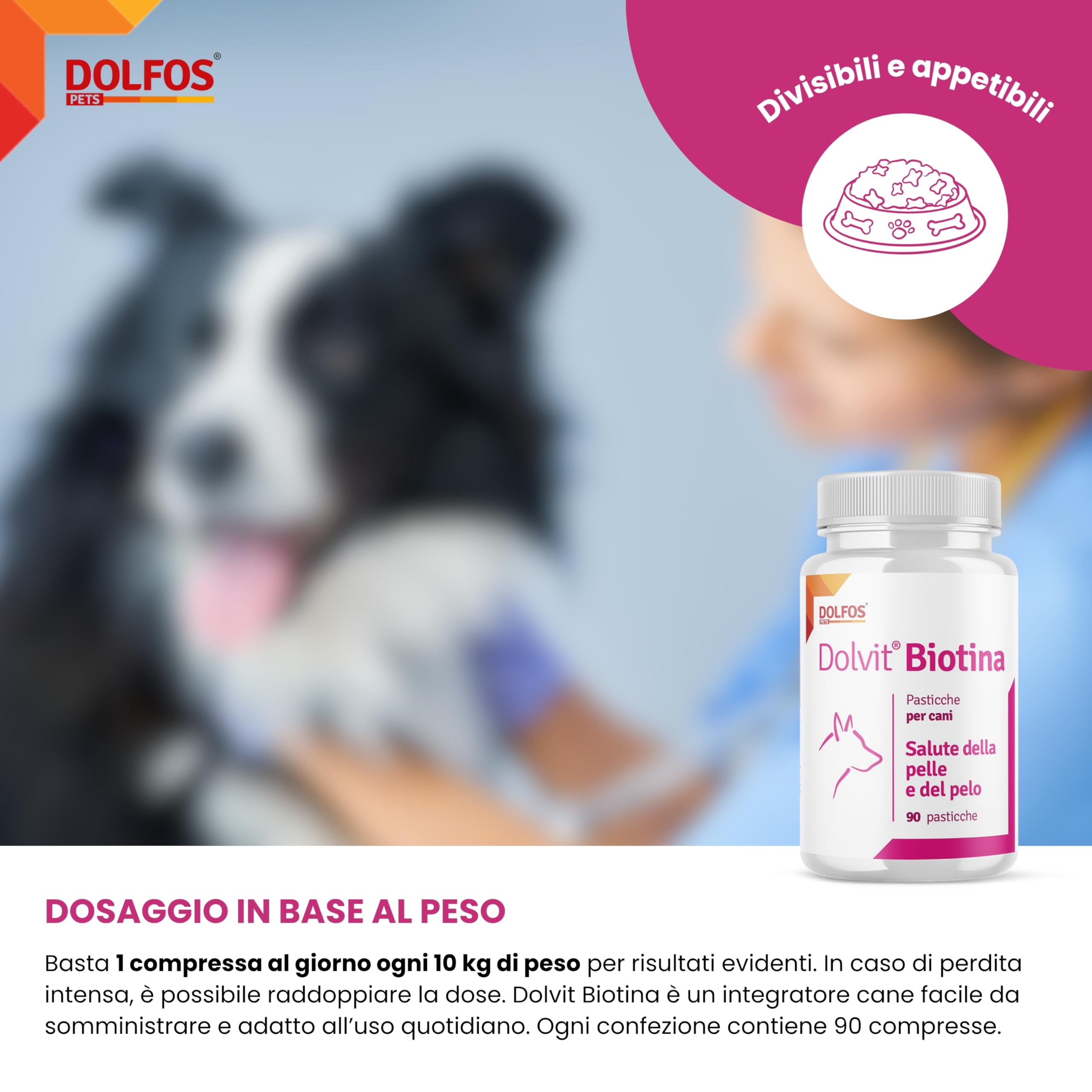 Dolfos Dolvit Biotina - Integratore per il pelo e la Pelle del Cane - Cura la perdita del pelo - Favorisce la lucidità