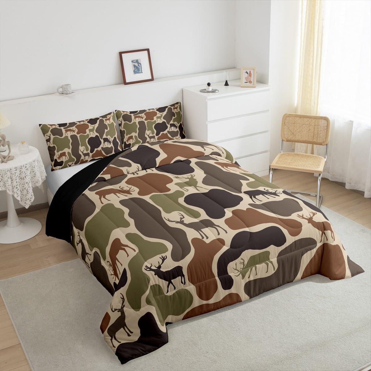 Erosebridal Camo Deer Bedding Set Full Camouflage Hunting Deer Comforter Set for Kids Girls Women Green Military Army Camo Down Comforter Country Hunter Wildlife Bed Set Bedroom Decor