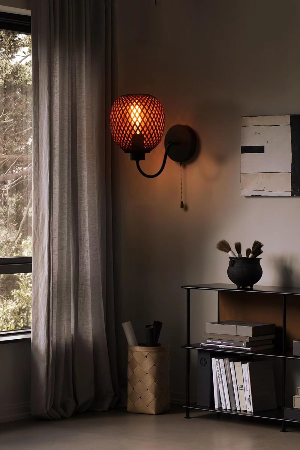 Bamboo Rattan Pull Chain Switch Wall sconces, Farmhouse Wall Light Fixture, Handmade Wall Lamp for Hallway, Kitchen, Living Room, Bed Room Corridor, Stairs,Hotel (Black,Set of 2)