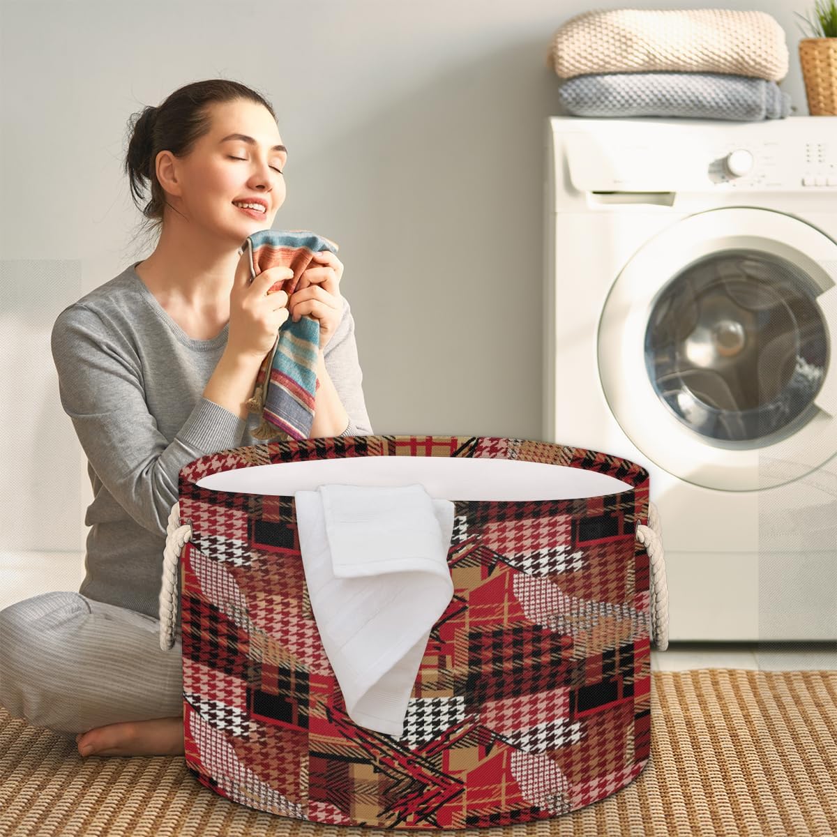 Large Storage Baskets - Red Brown Plaid Houndstooth Nursery Round Collapsible Organizer Bin Box, Laundry Hamper for Kids Toys, Blanket, Bedroom Living Room Home Decor, Gift Basket, 19.4"x13.3"