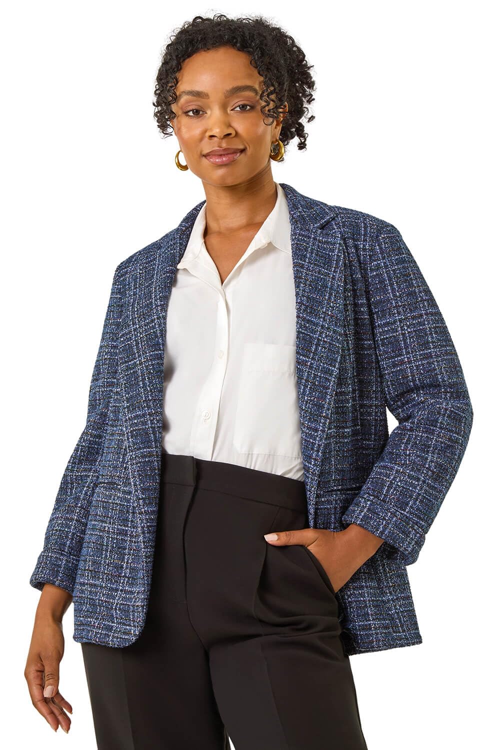 Roman Petite Women's Navy Boucle Stretch Blazer Size 14