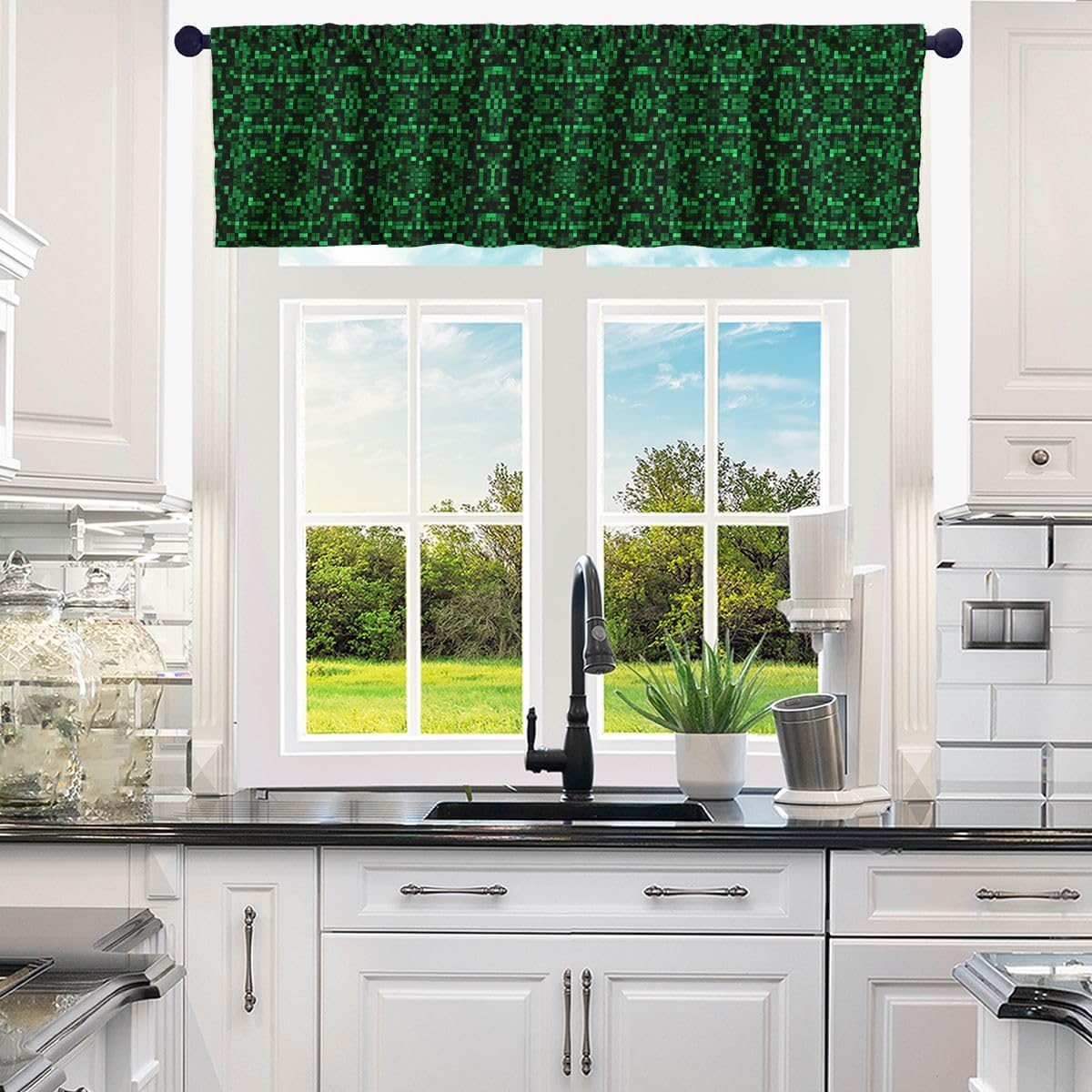 Pixelated Game Valance Curtains for Kids Geometric Check Video Games Window Curtains for Kitchen Living Room Bathroom Gamepad Grid Modern Gaming Window Treatment 52"W x 12"L (Pack of 1),Dark Green image 2