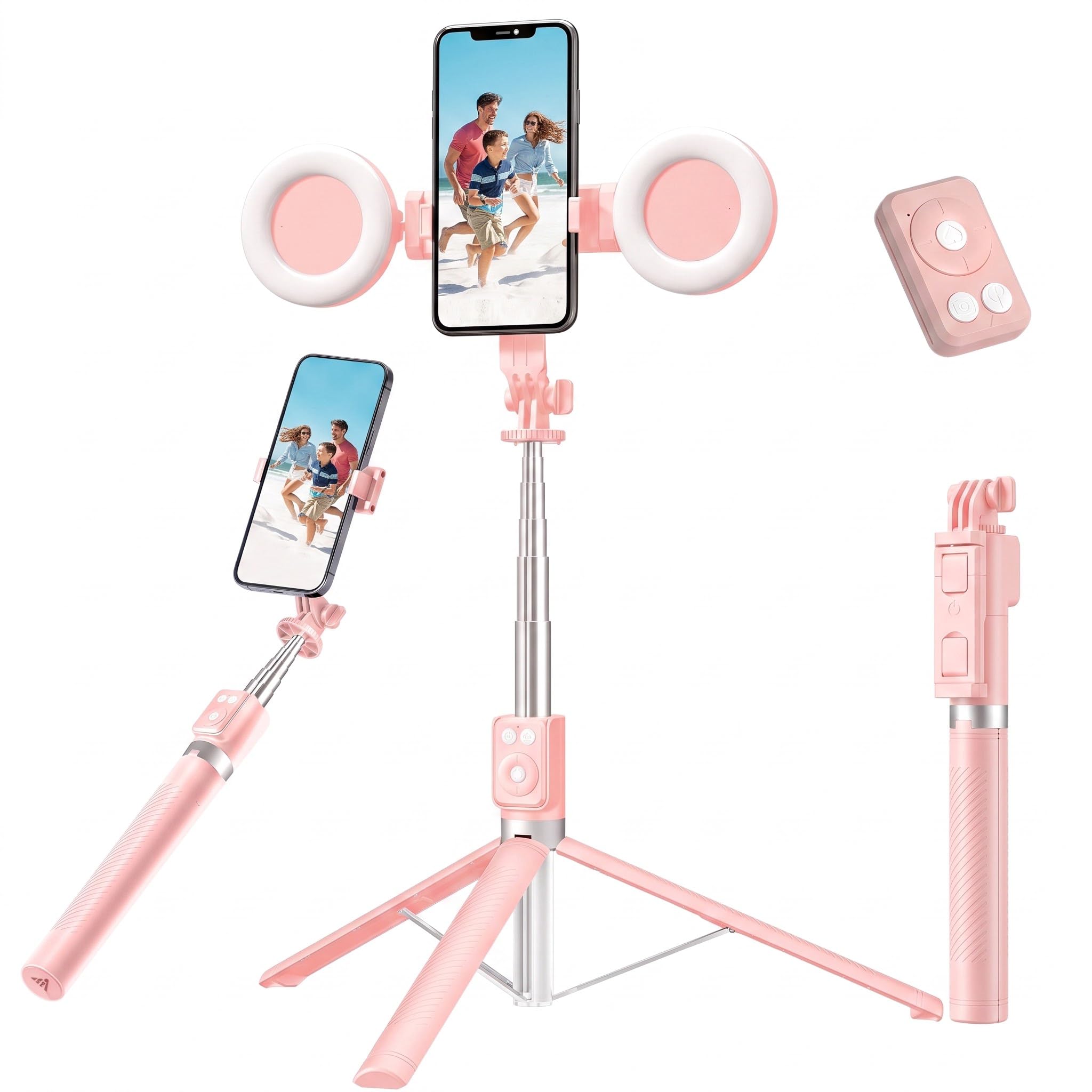 1.7m Bastone Selfie Treppiede con Luce, Cavalletto Telefono per Registrazione Video Compatibile con iPhone e Android Smartphone, Tripod Selfie Stick per TikTok YouTube Rosa