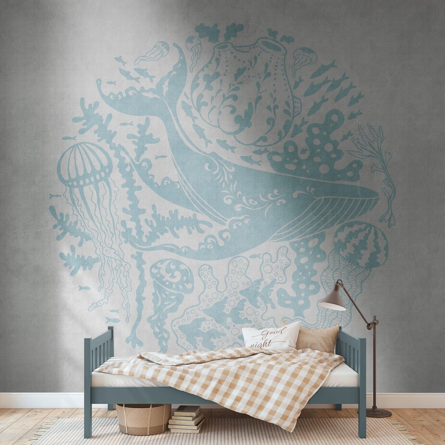 Papier peint panoramique bleu gris pour une chambre d'enfant douce Profhome