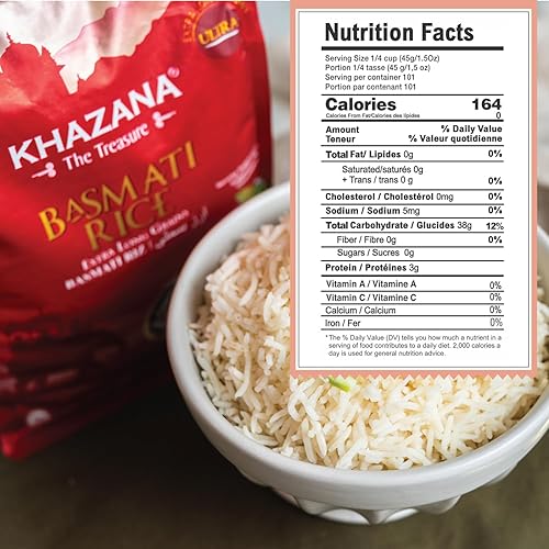 Miniatura 2 de Khazana Arroz Basmati ultra largo de alta calidad bolsa resellable con cremallera de 10 libras aromático envejecido sabroso grano auténtico de la