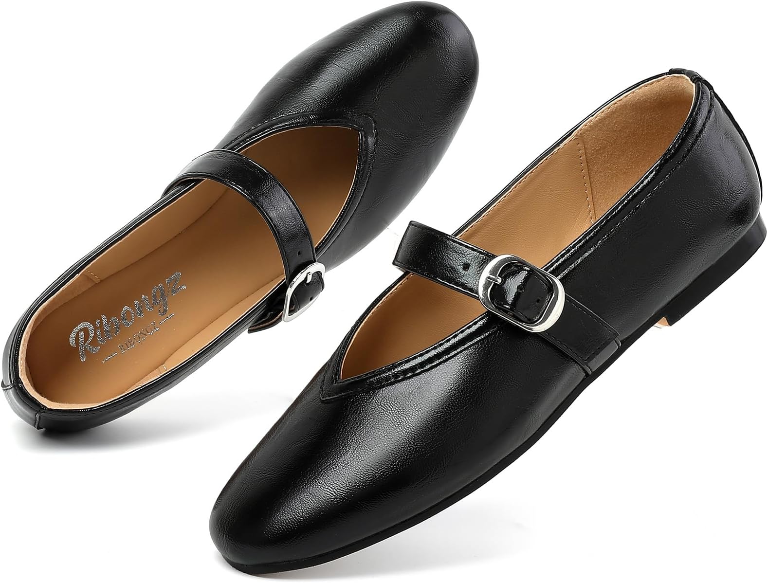 RIBONGZ Women's Flats Foldable Ballet Mary Jane Round Toe Dress Shoes with Ankle Strap Buckle Comfortable Slip On Leather Flat Girls Ballerina Shoes for Office Work Party Walking Casual