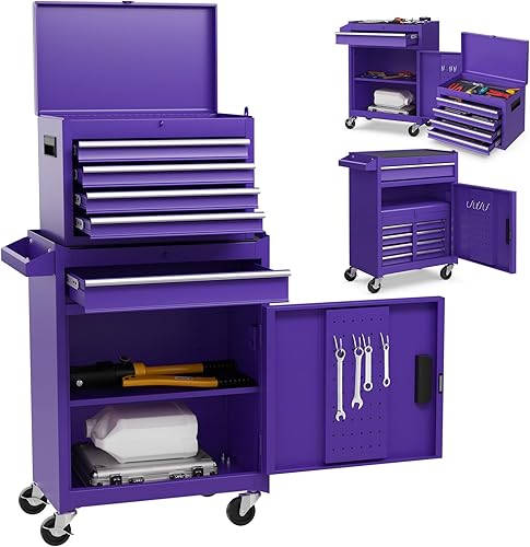 Vista 13 de Goplus Cofre de herramientas, gabinete de herramientas con 5 cajones rodantes con caja de herramientas superior desmontable, ruedas universales