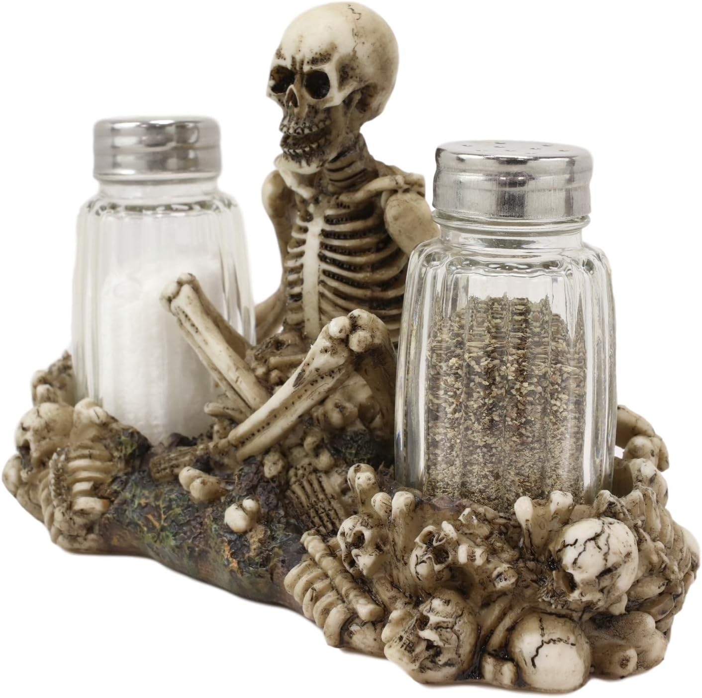 Ebros Gothic Day Of The Dead Graveyard Garnish Meditating Skeleton Seated On Graveyard Of Bones And Skulls Salt & Pepper Shakers Holder Figurine Set 6.5" Wide Fantasy Kitchen Decor Statue