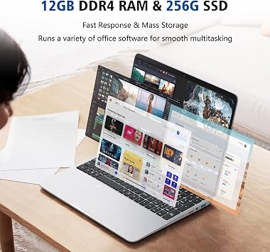 VGKE 15.6 Laptop Computer, Full HD 1920 * 1080p Laptop with Backlit Keyboard, Celeron Quad-Core J4125 Processor, 12GB DDR4 RAM 256GB SSD, Webcam, Fingerprint Reader