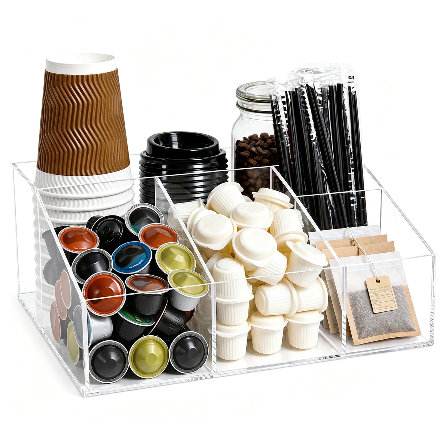 Organizer per stazioni da caffè in acrilico trasparente per piano di lavoro, 5 scomparti in acrilico, accessori e organizer, per ufficio, sala da pranzo, per cialde, sciroppo, tazze da tè, agitatori