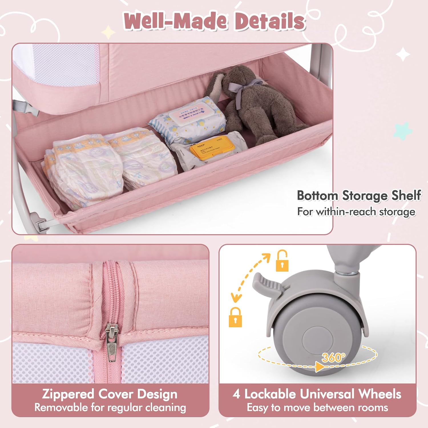 BABY JOY Bassinet, Bedside Crib w/ 6-Level Adjustable Height, Storage Shelf, Wheels, Mattress & Carry Bag for Safe Co-Sleeping, Folding Bassinet Bedside Sleeper for Newborn Infants (Pink)