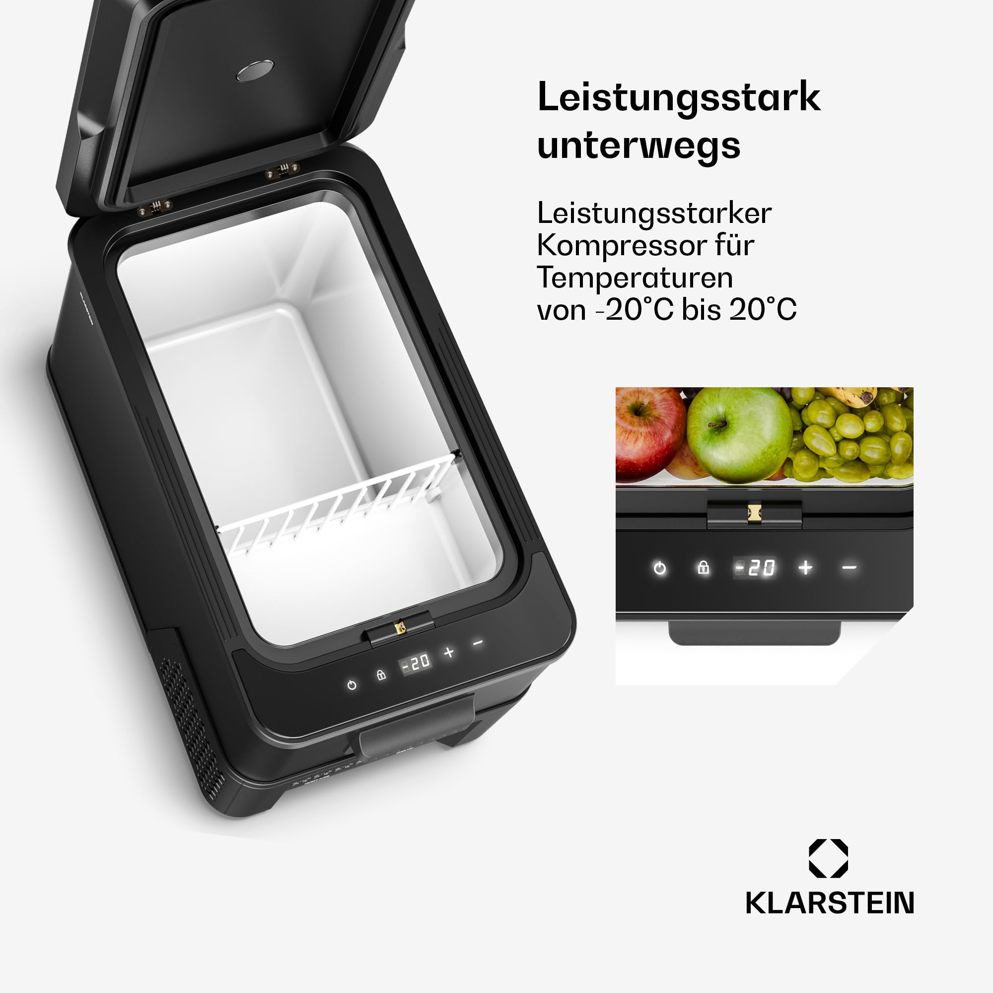 Klarstein Arctiq Uno tragbarer Kühlschrank 27 L – Kompressor-Kühlschrank -20 bis 20 °C, digitales Bildschirm, 12 V/230 V, kompakt für Camping und Reisen