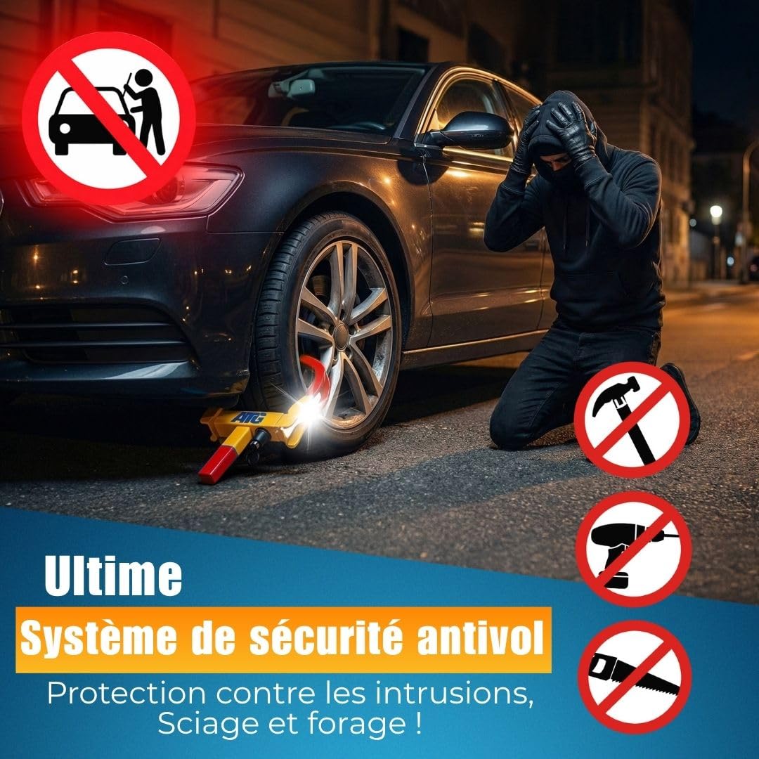 ATG Sabot de Roue Voiture & Remorque – Antivol Roue Universel pour Auto, Caravane, Camping-car, Moto – Bloque Roue Sécurité Pneus 18–28 cm