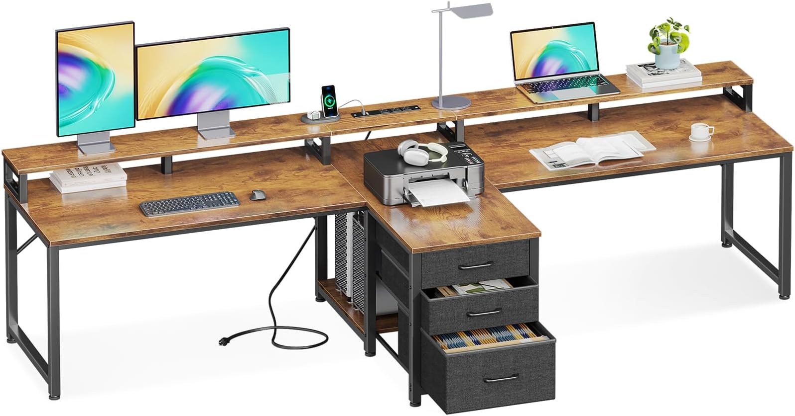Coleshome 94" Computer Desk with Fabric Drawer & File Cabinet- 2 Person Home Office Desk with Power Outlet & LED Light, Long Writing Desk with Monitor Stand, Storage Shelves, Study/Work Table, Vintage