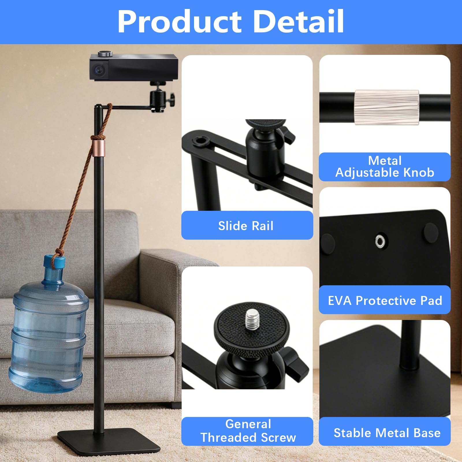 BRGD Soporte para Proyector, Soporte de Suelo Oculto de Metal con Giro de 360° para Apartamentos Pequeños, Dormitorios y Salas de Estar, Altura Regulable de 30 a 130cm