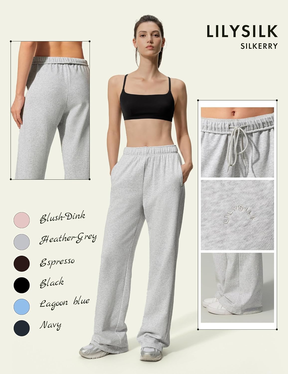 LilySilk Women Silk Terry Sweatpant Full Length Pants Ladies Trousers Elastic Waist Embroidery for Casual Sports - Image 2
