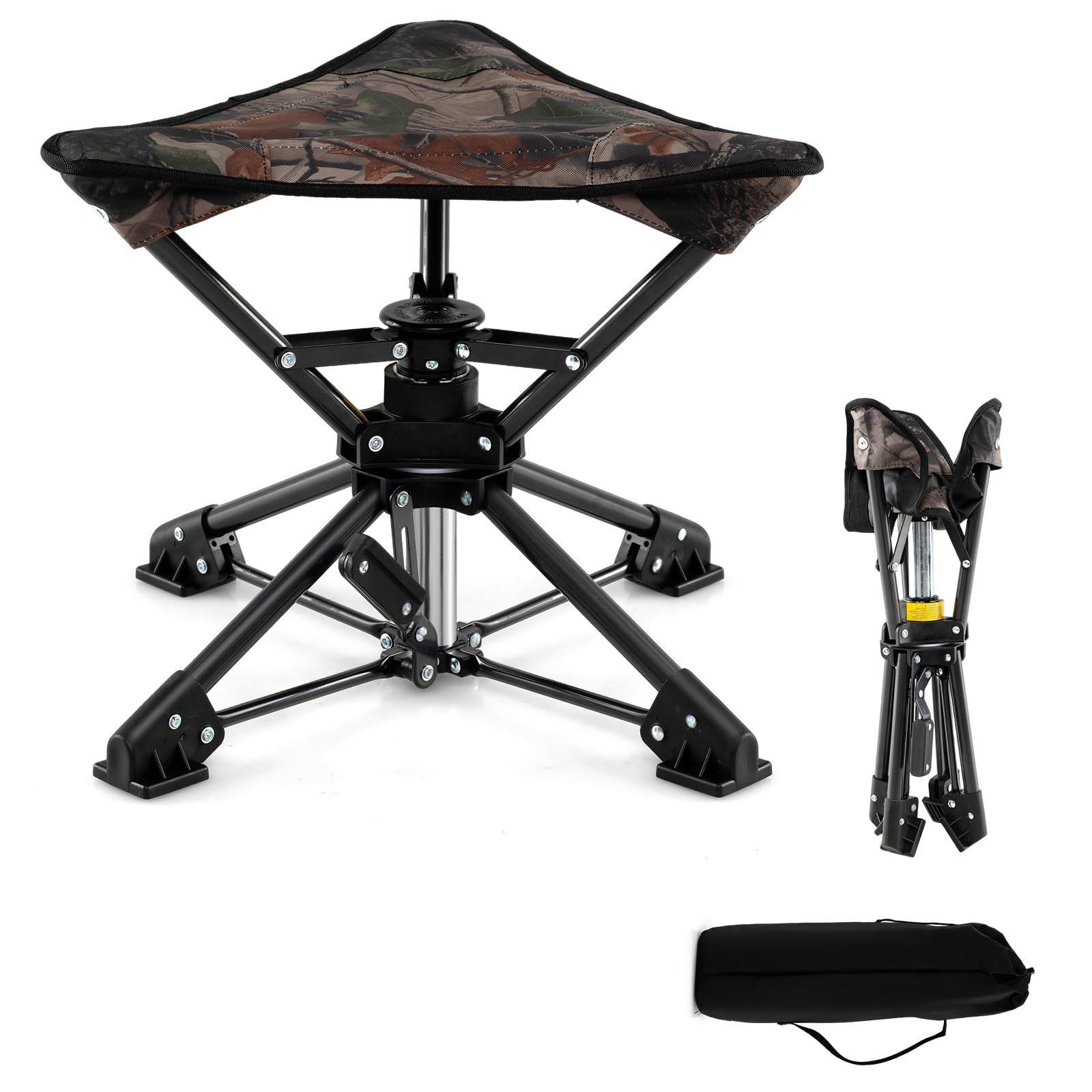 KOMFOTTEU Sgabello pieghevole da campeggio, sedia portatile da caccia con borsa da trasporto, sedile da pesca treppiede con base antiscivolo e carico 150 kg, per picnic, 43 x 39 x 37 cm (mimetico)