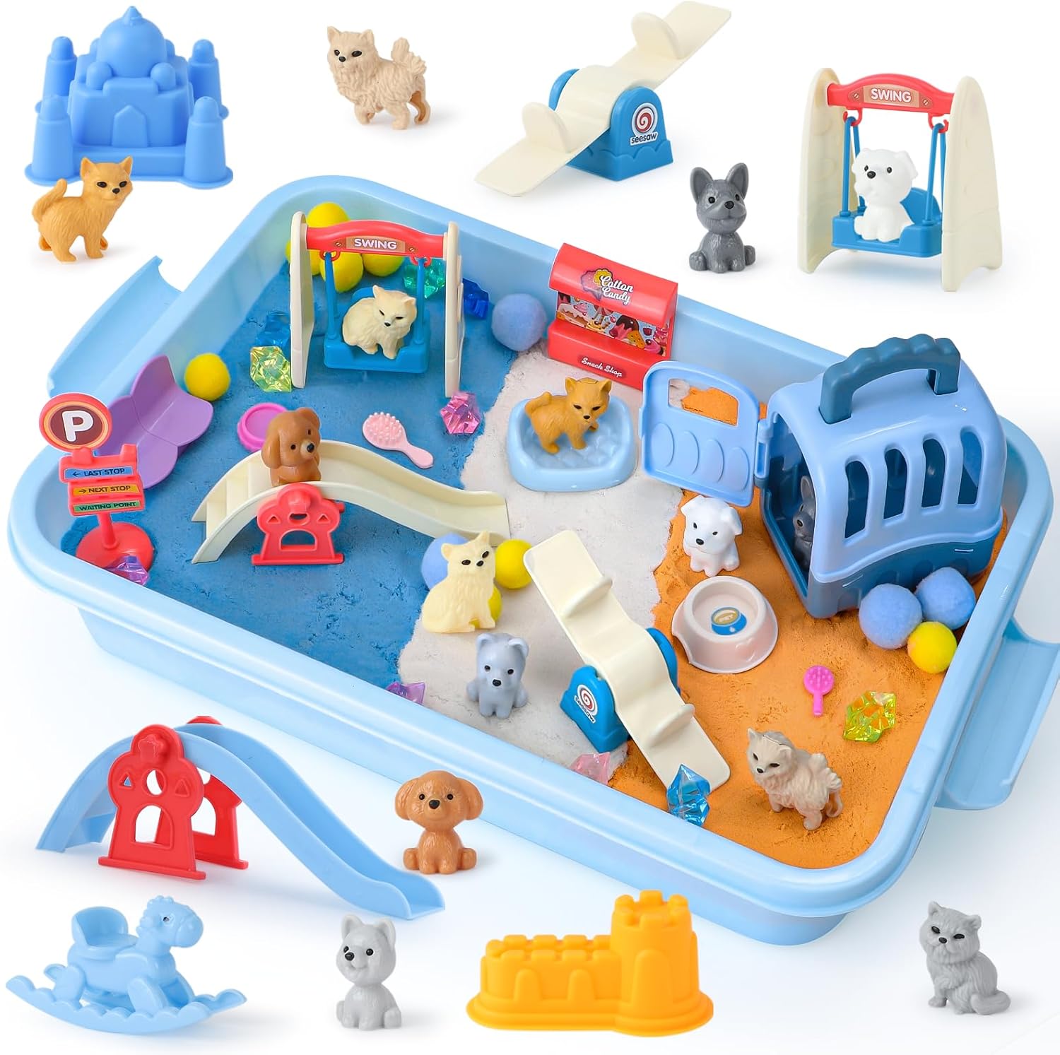G.C Cat Dog Blue Sensory Bin for Kid Toy, Pet Play Sand Kit with Sandbox/Blue Orange Sensory Sand/Figures/Castle Molds, Dog Care Pretend Playset Christmas Birthday Gift for Girl Boy Ages 3 4 5 6 7 8