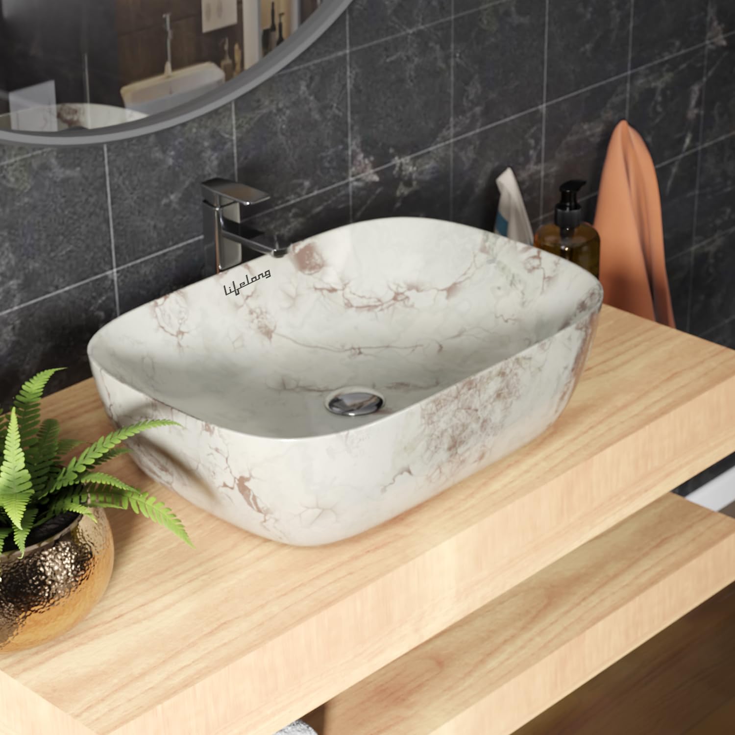 Lifelong Wash Basin for Bathroom - Tabletop Washbasin - Ceramic Glossy Round Countertop Vessel Sink Ideal for Bathroom, Dining Hall & Vanity 33x46x16 cm (White Brown, LLHIBM01) (B0D7LW5X2Z) Amazon Price History, Amazon Price Tracker