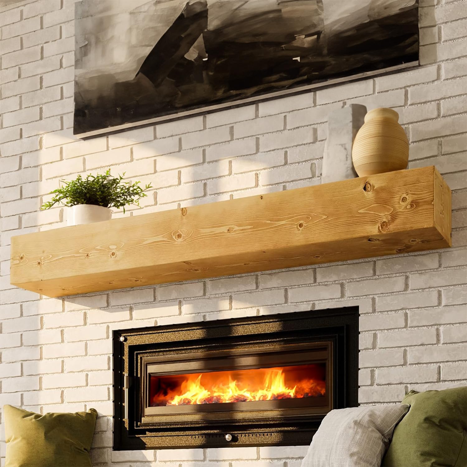 REXFORD Fireplace Mantel - USA Made Real Wood - Handcrafted Farmhouse Wall Mounted for Over Fireplace Floating Shelf Mantle (Natural, 60X8X5 Inch Mantel)