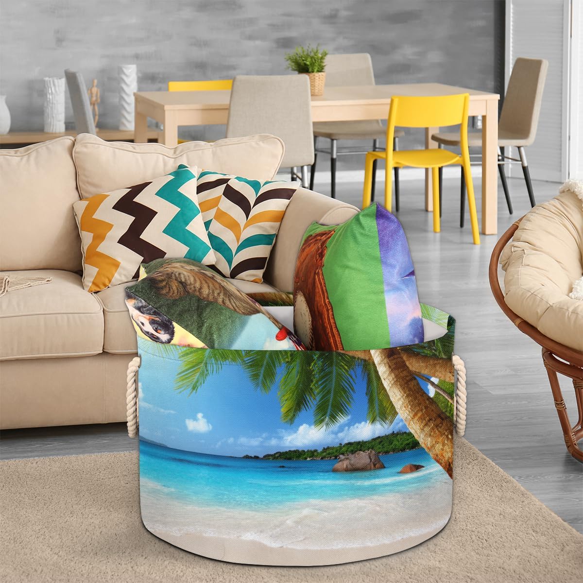 Summer Sea Beach Palm Tree Large Storage Basket Round Laundry Basket with Handle Organization Collapsible Storage Bins Box Hamper for Kids Toy Clothes Nursery Bedroom Living Room Decor