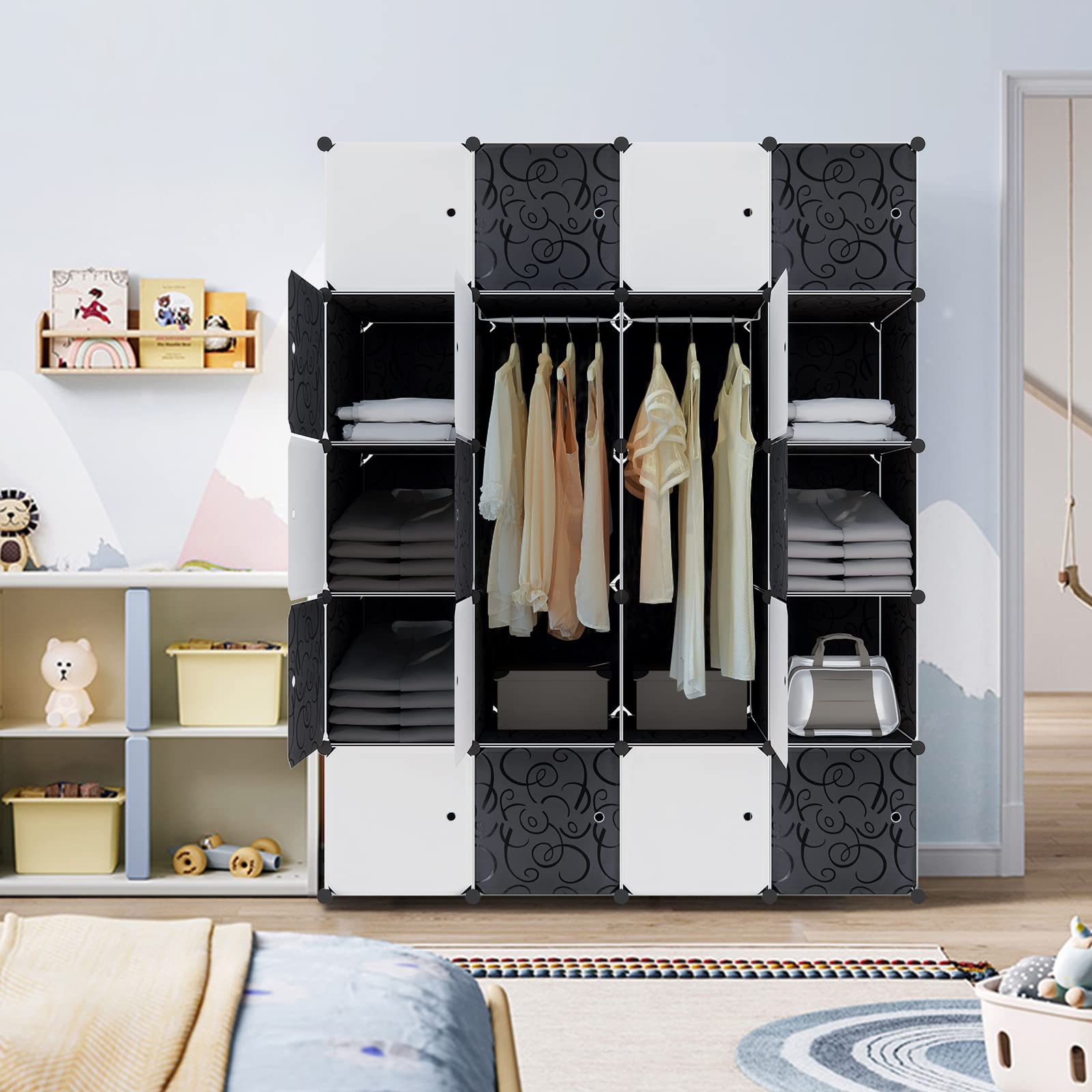 YRHome Système d'étagères DIY - Armoire avec porte - Système d'étagères enfichables - Noir et blanc (20 boîtes avec armoire)