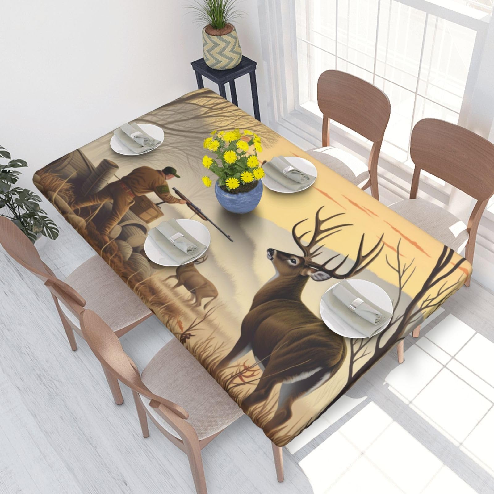 DCARSETCV Deer Hunting Printed 4FT Waterproof Tablecloth with Elastic Edged Protect & Decor Your Table, Oil-proof Washable Table Cloth Cover for Dinner Picnic Party
