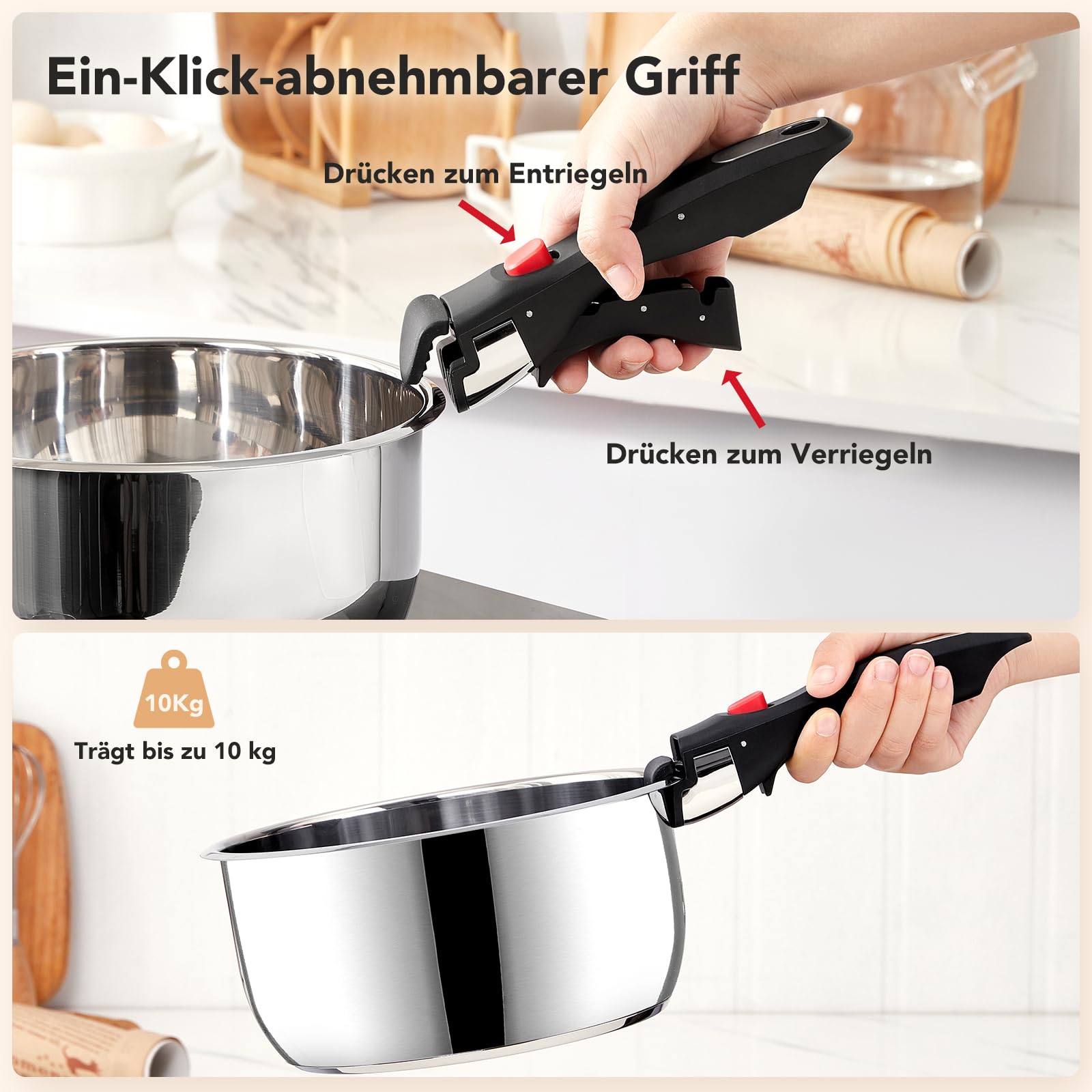 ROSSETTO Topfset Pfannenset Induktion 7-teilige Edelstahl Kochtopf Set mit Abnehmbarer Griff Stapelbar, PFAS-Frei Antihaftbeschichtet Pfanne 20/26cm, Kasserolle 16/20cm, für alle Herdarten, Ofenfest