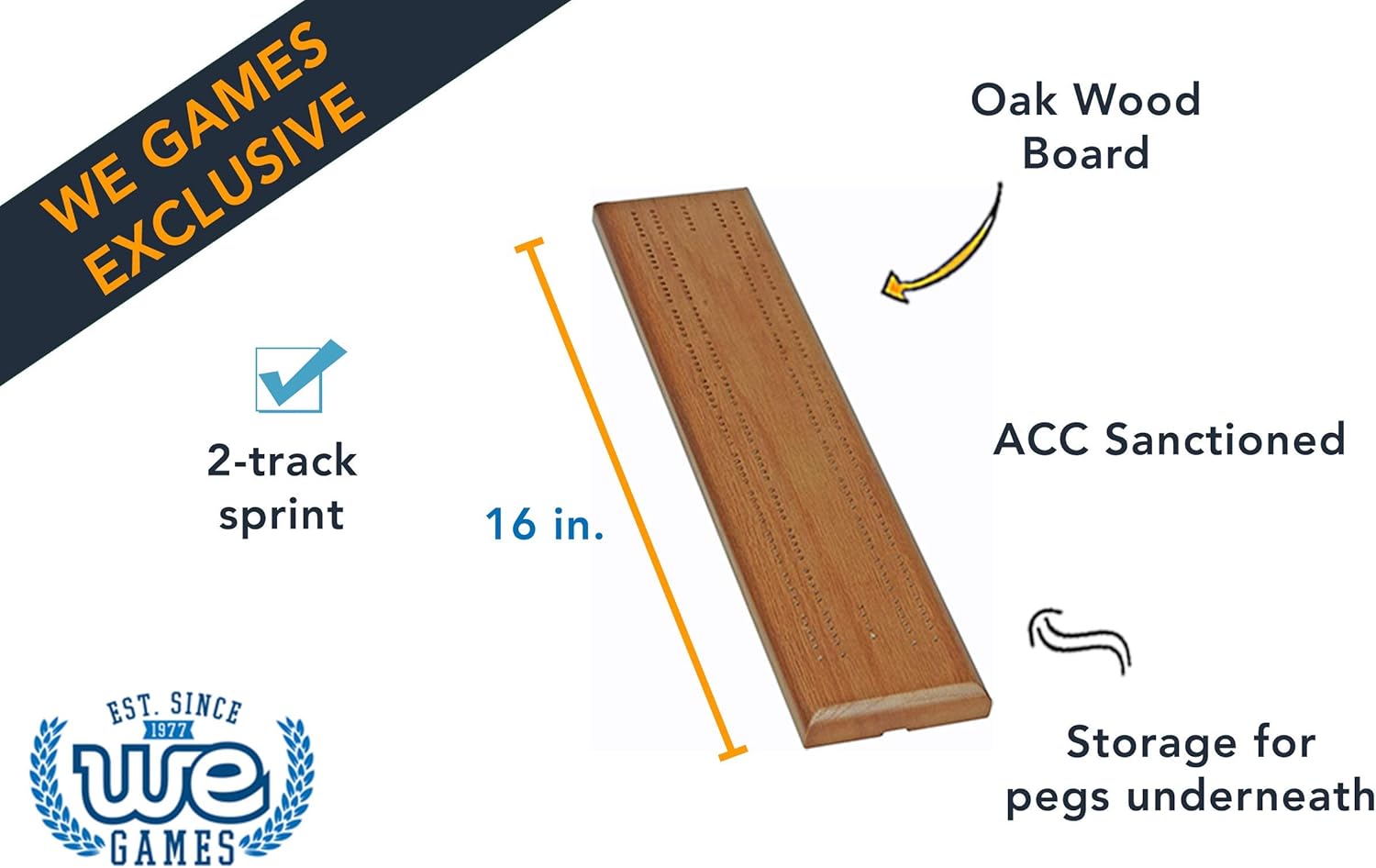 WE Games Competition Cribbage Set - Solid Oak Wood Sprint 2 Track Board with Metal Pegs