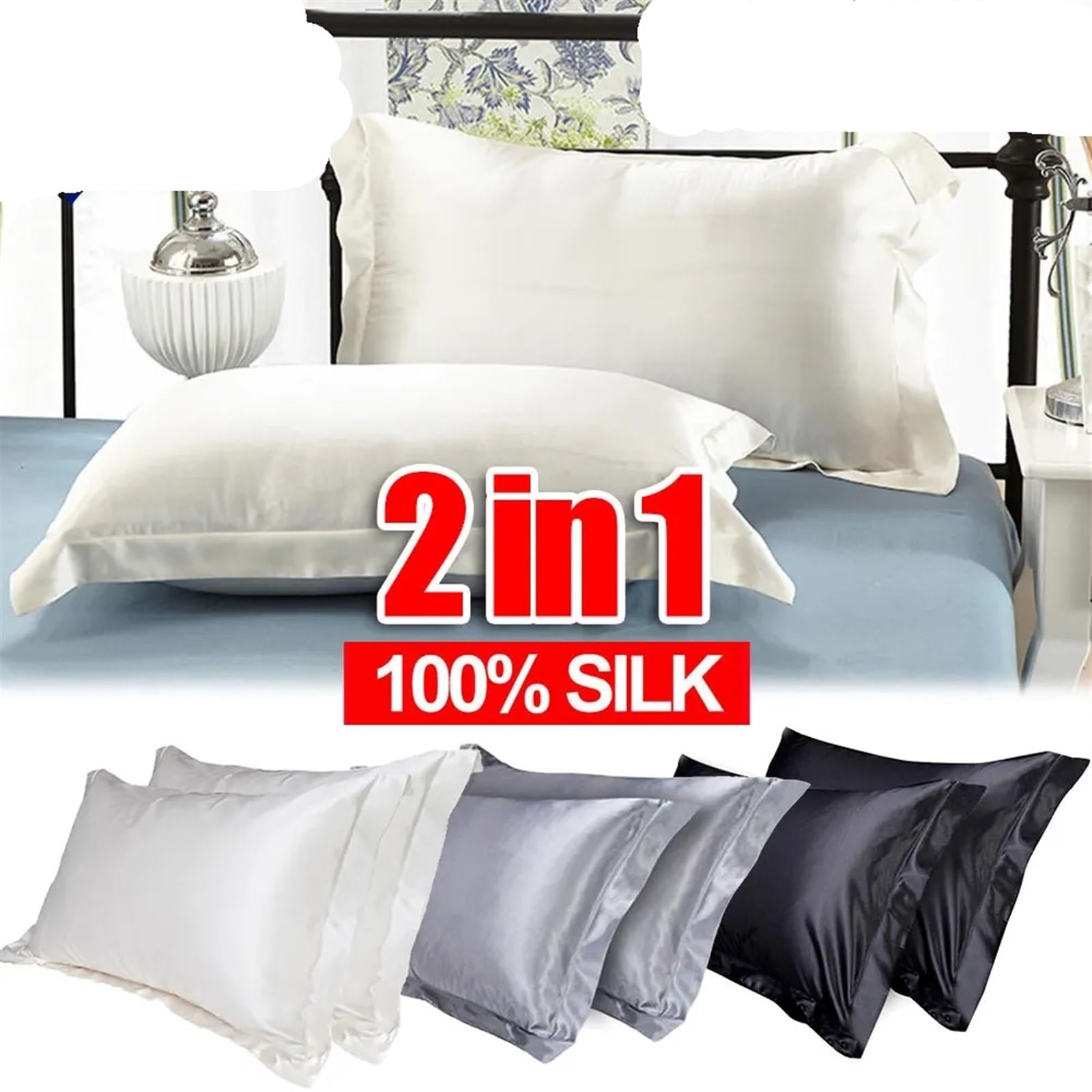 federe seta Federa Federe morbide e traspiranti in seta in raso di poliestere for capelli pelle(2PC Gray)
