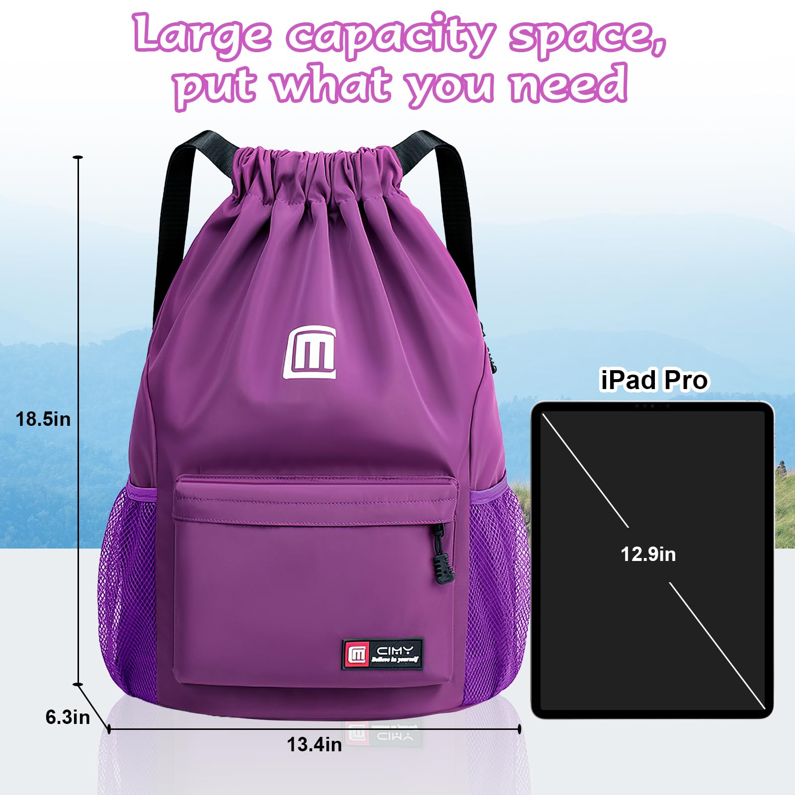 Tesmien Drawstring Bags,Waterproof Swimming Bags Unisex Sports Backpacks for Kids Adult Large Drawstring Sackpacks Bags for School Gym Sports Travel Swimming-Purple - Image 3