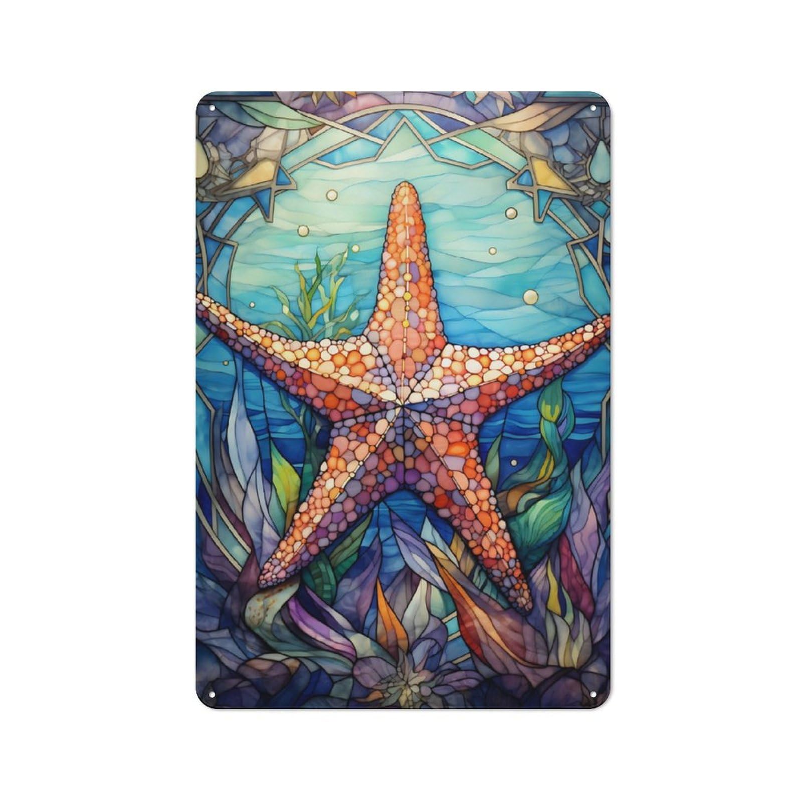 Junmoney Starfish Stained Glass Industrial Tin Wall Sign 30X20cm Featuring Urban Room Decor For Workspace, Cafe, Hallway Or Garage