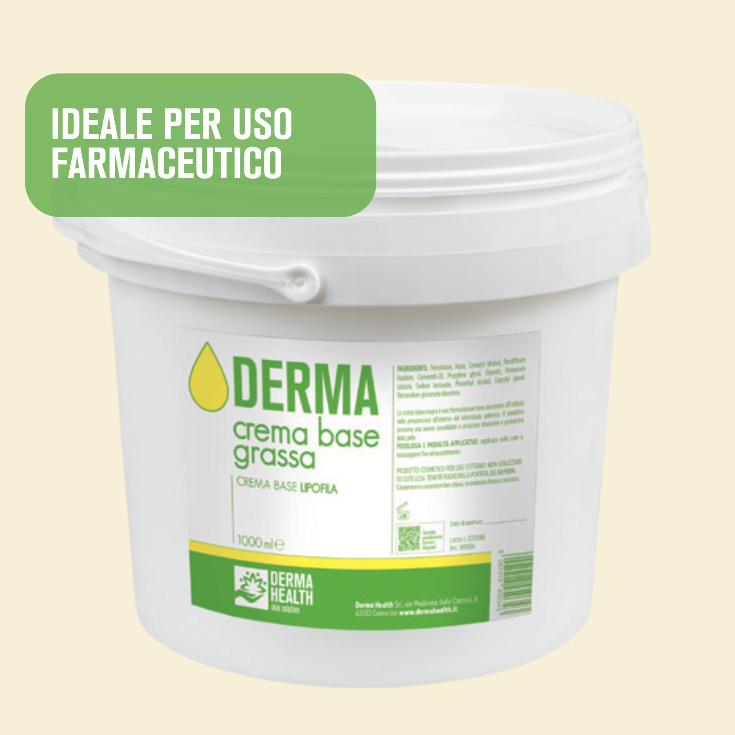 Derma Health® Crema Base Lipofila Emulsione Neutra Grassa pura 1 kg, Ideale per uso farmaceutico cosmetico dermatologico Made in Italy