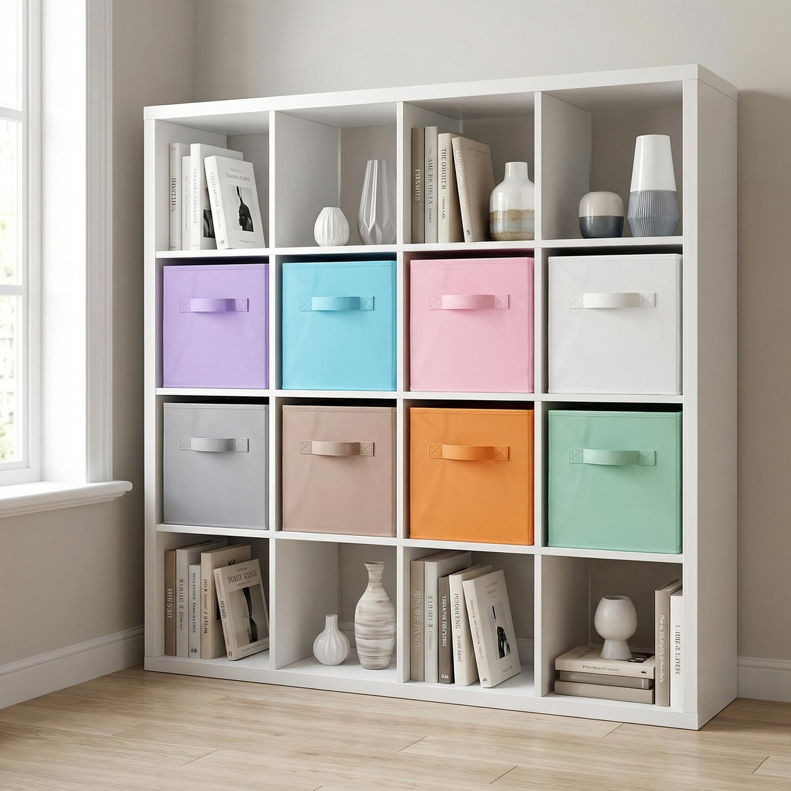 8er Set Stoff Aufbewahrungsbox, 25x25x25 cm Faltbare Aufbewahrungswürfel | Organizer-Boxen mit Griff in Verschiedenen Farben für Kleiderschrank, Regal, Wohnzimmer CHIHEUNG