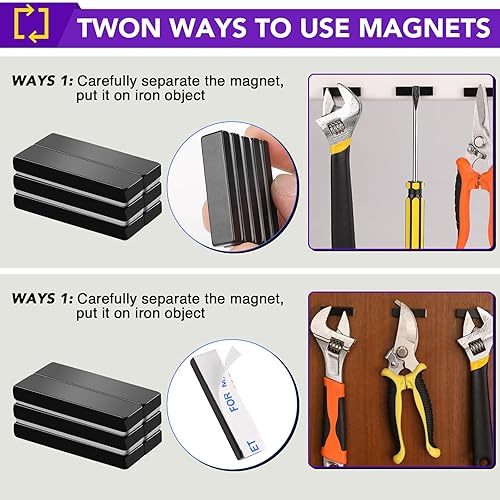 Miniatura 14 de Mikede - Imanes de tierras raras - Paquete de 10 potentes imanes de neodimio en barra negros con adhesivo doble cara, para garaje, cocina, ciencia