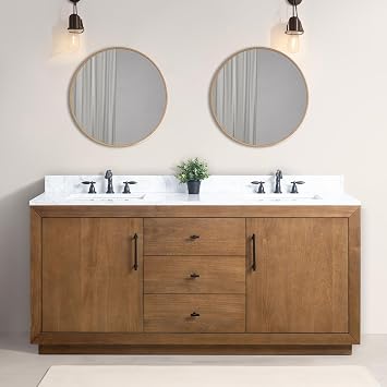 Vanity Art 72 inch Double Sink Bathroom Vanity, Solid Poplar Wood, Vanity Cabinet with Doors and Shelf, Modern Wood Bathroom Vanity with White Marble Top 3 Functioning Drawers, VA70-72-DT-E