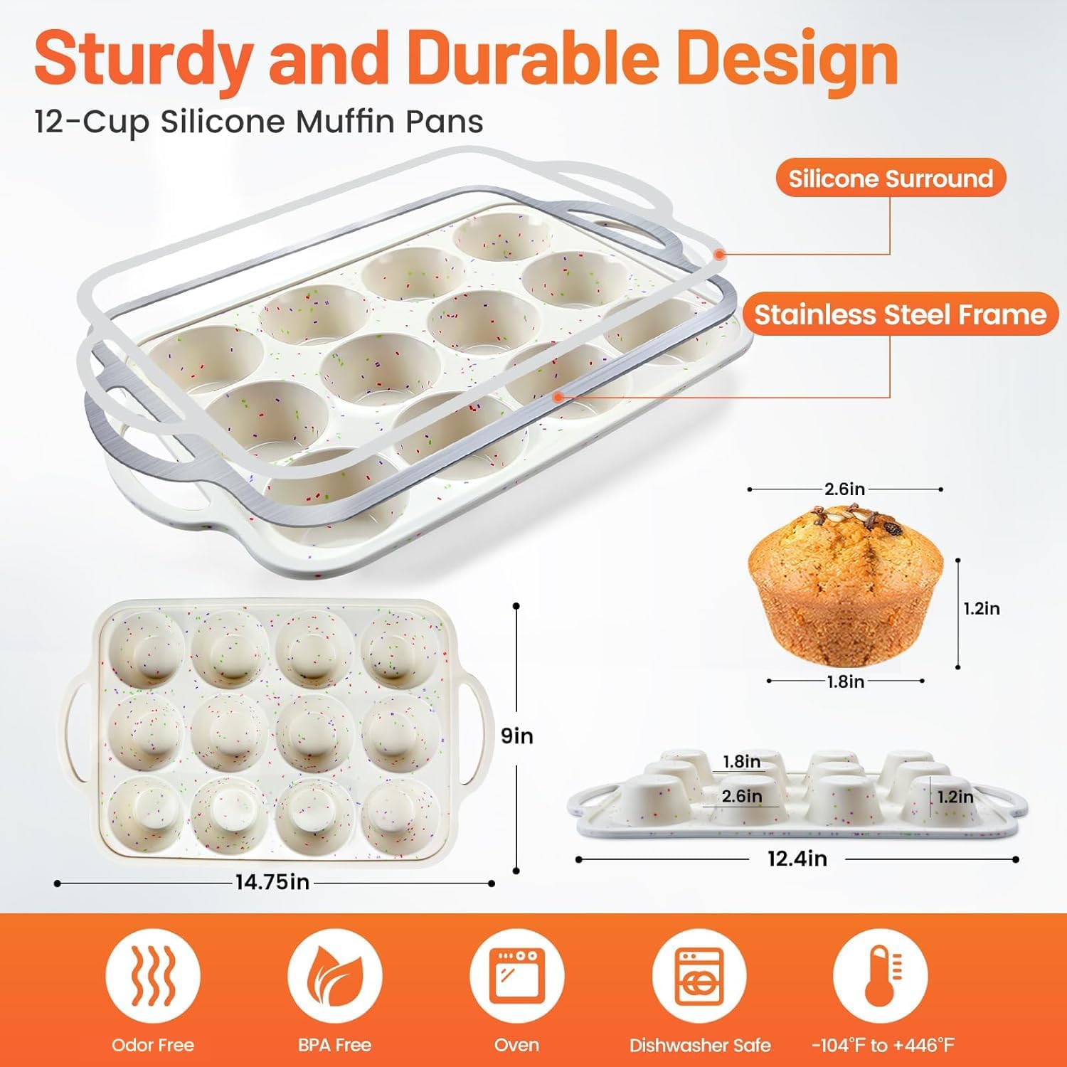 Vinino 2Pack Silicone Muffin Pan for Baking with Metal Reinforced Frame, 12 Cup Regular Size Cupcake Pan, BPA Free Silicone Muffin Tray, Cupcake Baking Pan Bite Molds for Oven Dishwasher Safe - Image 2